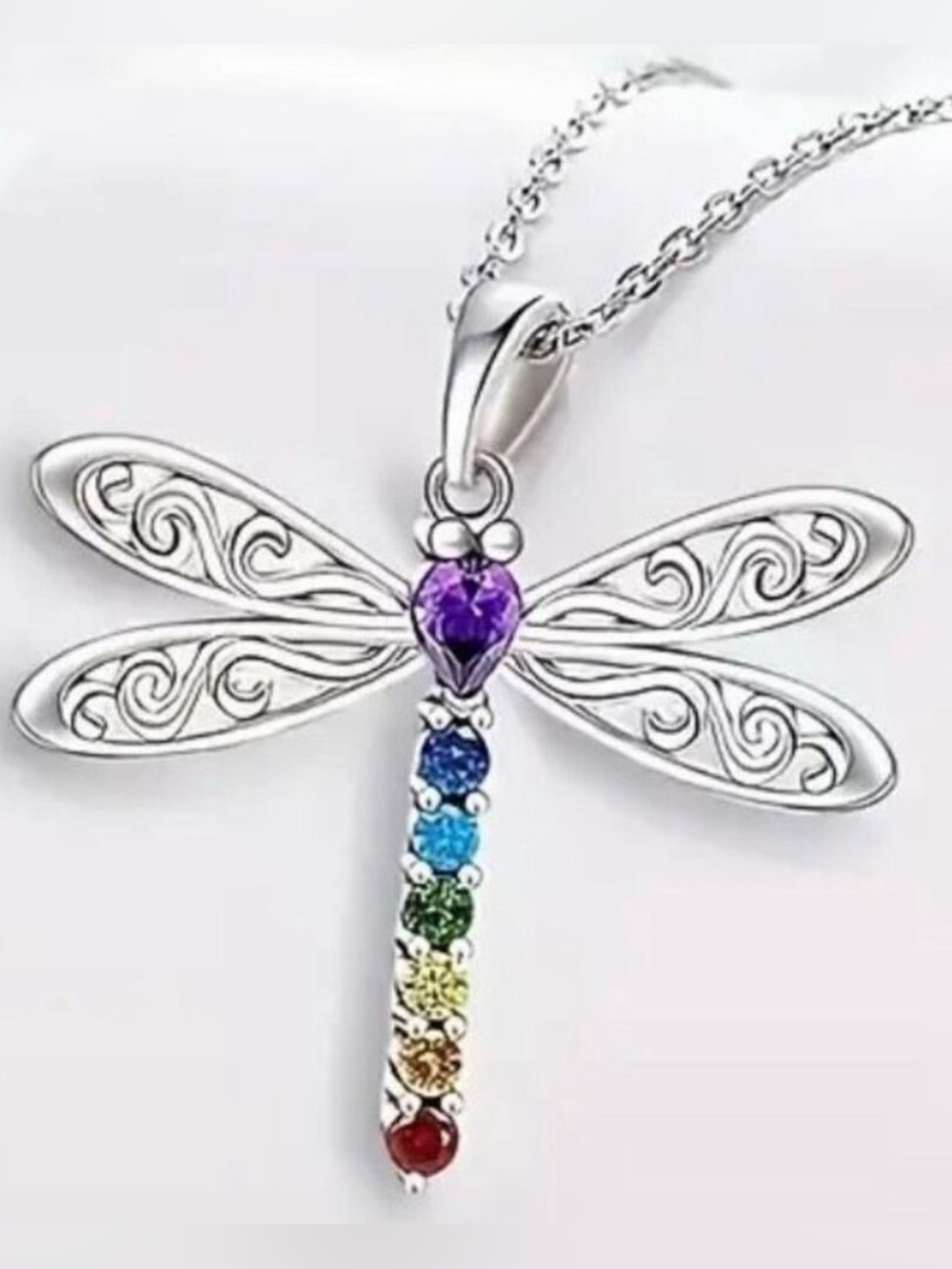 NWT Gorgeous Silver Dragonfly Long 17.7” Chain Necklace w/ Colorful Rhinestones - Picture 1 of 7